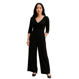 Jessica Howard Women Lace Sleeve V-Neck Wide Leg Jersey Jumpsuit SZ 16 Black
